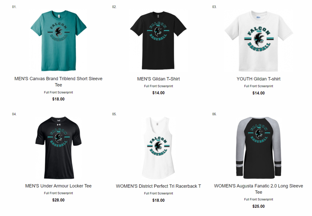 ACGC Baseball Clothing Order example shirts
