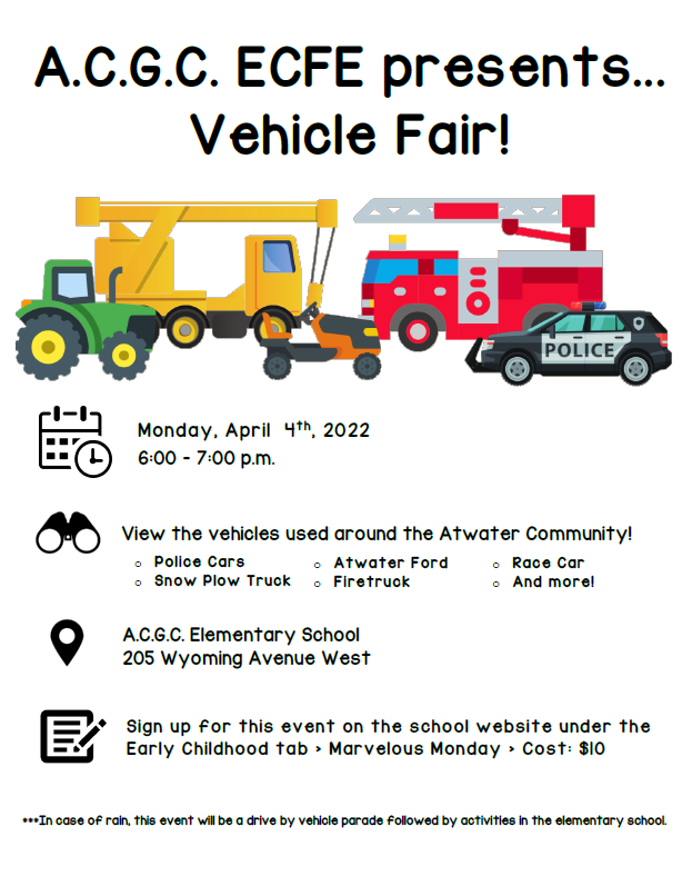 A.C.GC ECFE Presents Vehicle Fair - Monday April 4th 2022 6-7pm