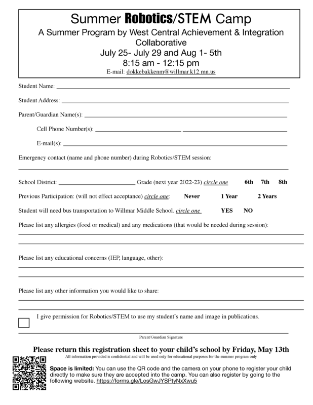 Summer Robotics/STEM Camp Registration